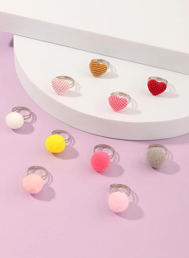 Take Two Girls Set of 10 - Heart and Pom Pom Adjustable Rings