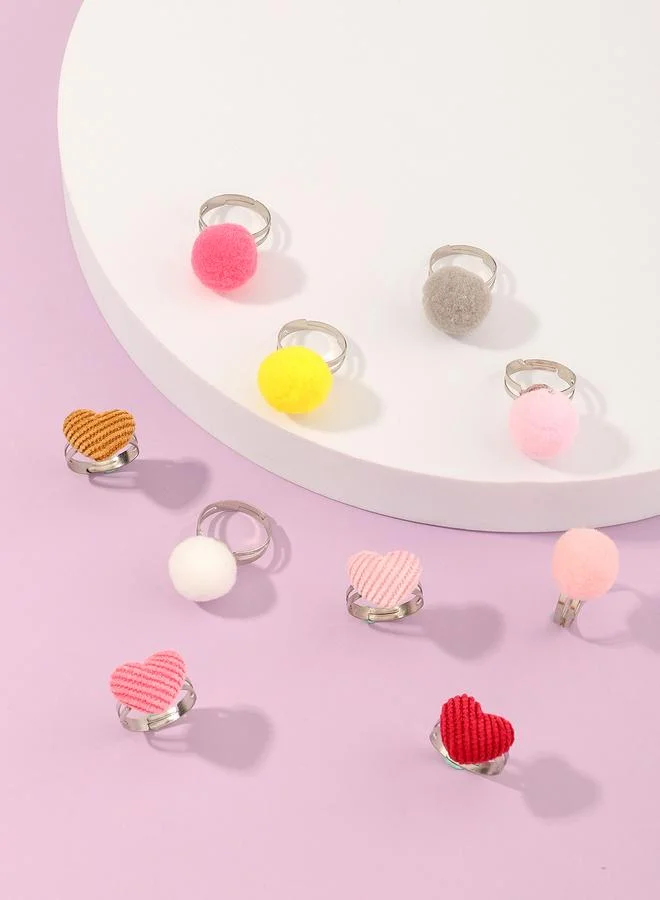 Take Two Girls Set of 10 - Heart and Pom Pom Adjustable Rings