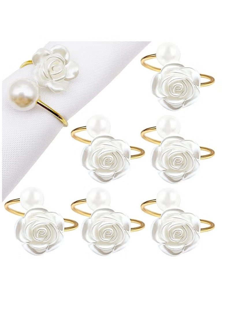 6 Pcs Napkin Rings,White Rose Pearl Dining Table Napkin Ring Holder,Vintage Paper Towel Rings for Valentine's Day Wedding Banquet Home Table 
