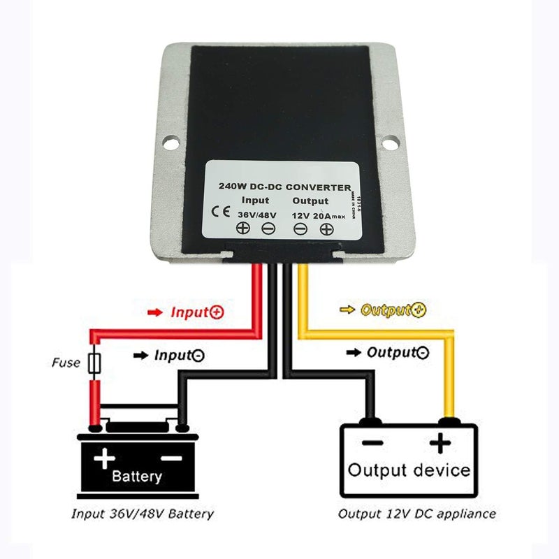Proshopping محول تنظيم جهد لعربات الجولف، من 36V أو 48V إلى 12V بقدرة 20A وطاقة 240W، مع توفير طاقة من نوع DC/DC، مزود بترانسفورمر خاص لخفض الجهد، مقاوم للماء – مناسب لعربات الجولف، وسائل النقل الخاصة، الرافعات، والسيارات العادية. - Image 3