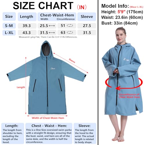 Oksun Oversized Waterproof Swim Parka: Windproof Warm Swimming Coat - Water Resistant Jacket - Thin Fleece Lined Surf Poncho (L-XL, Blue) - Image 2