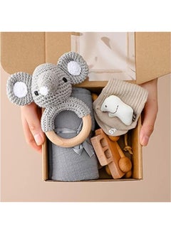 Baby Gift Set for Newborn New Baby Gift Set - 6 PCS Newborn Baby Essentials Baby Bath Set with Baby Rattle & Cotton Socks - New Born Baby Girls Gift & Baby Boy Gifts for Baby Shower (Gray Elephant-5)
