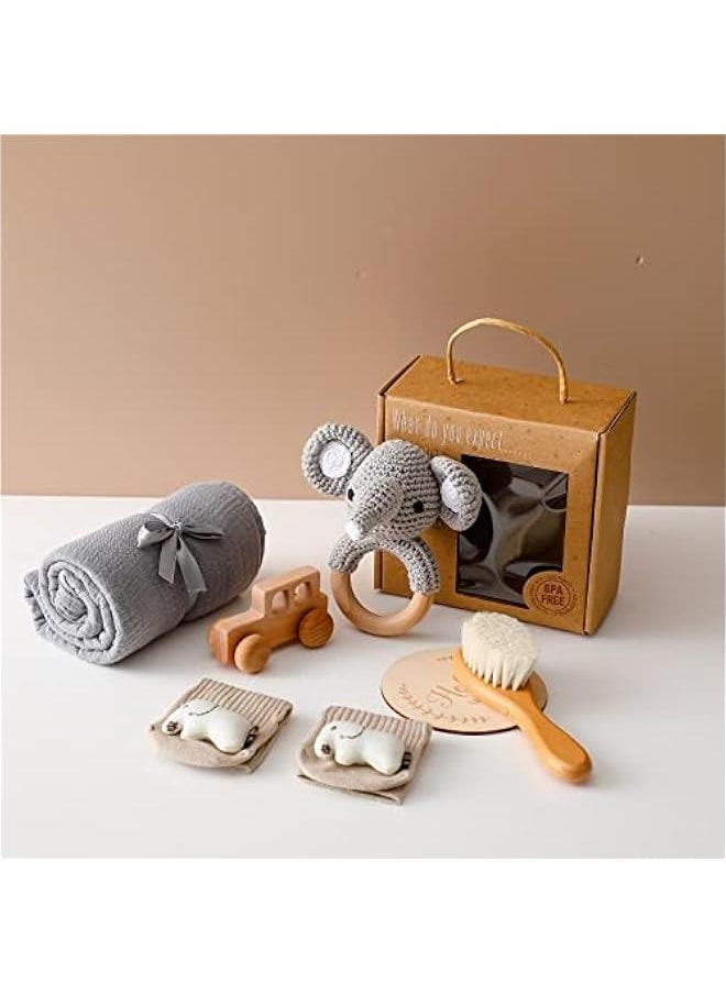 Gonice - Baby Gift Set for Newborn New Baby Gift Set - 6 PCS Newborn Baby Essentials Baby Bath Set with Baby Rattle & Cotton Socks - New Born Baby Girls Gift & Baby Boy Gifts for Baby Shower (Gray Elephant-5) - Image 1