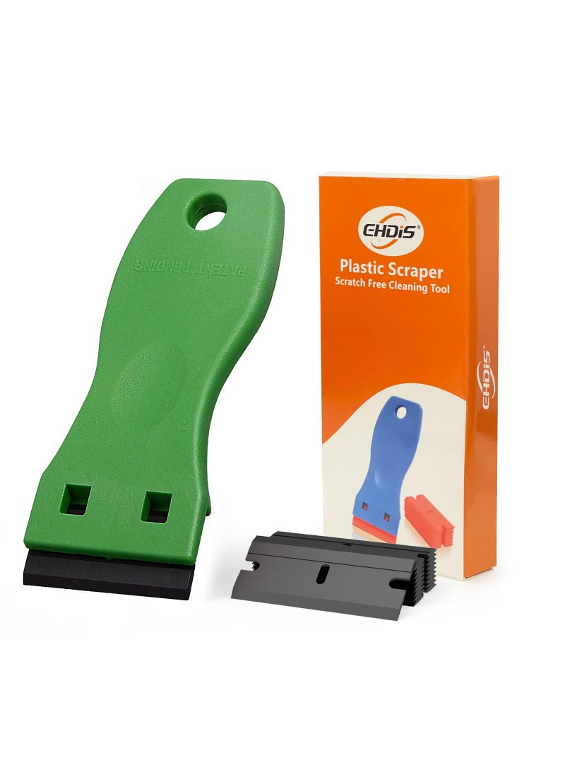 Ehdis EHDIS 1.5" Plastic Razor Scraper with 10pcs Double Edged Plastic Blades for Removing Labels Stickers Decals on Glass Windows (Green)  - Image 1