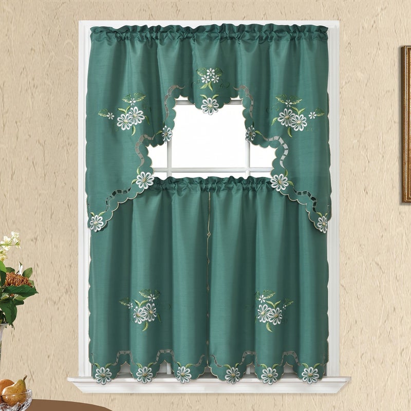 3 Pieces Gray Cutwork Floral Swag Valance And Tier Curtain Set For Kitchen Restaurant Living Room Rod Pocket Rod Diameter Less Than 1 18 Inches - Image 2