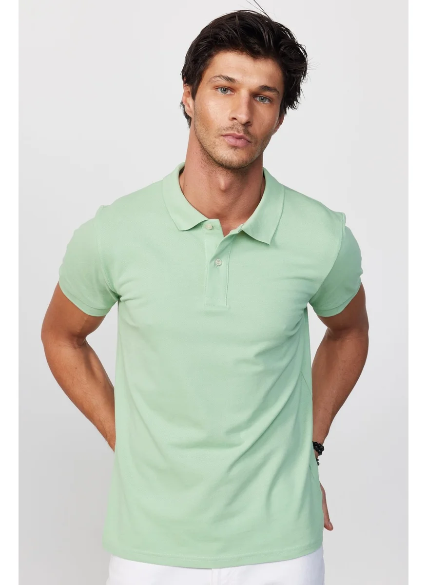 تودورس Men's Slim Fit Narrow Cut Cotton Plain Pique Green Polo Neck T-Shirt