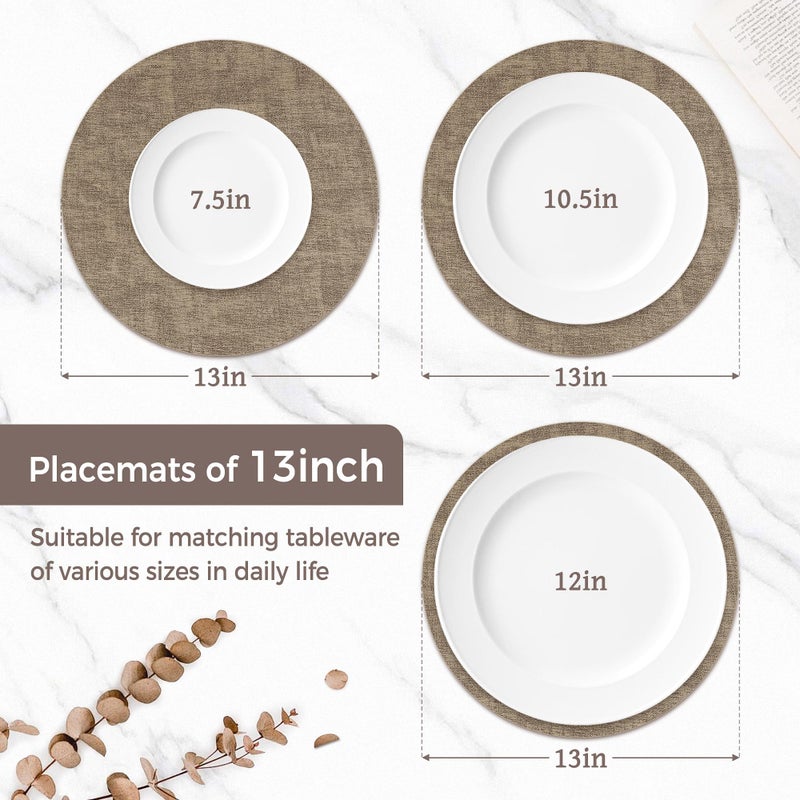 NCUE 13" Round Placemats Set of 4, Reversible Faux Leather Heat Resistant Table Mats, Waterproof Oilproof Wipeable Table Protective Placemats for Vinyl, Washable for Indoor & Outdoor Use (4, Light Coffee) - Image 2
