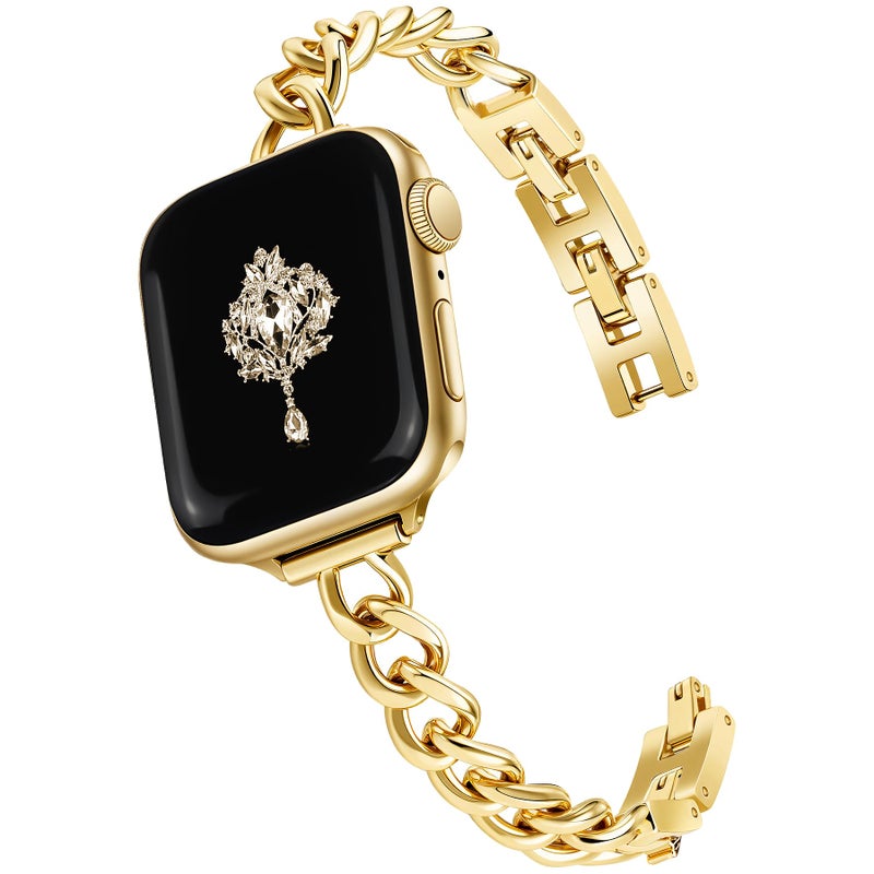 Newlibery Slim Gold Band for Women Feminine Elegant Compatible with Apple Watch 38mm 40mm 41mm 42mm (S10/11) Adjustable Metal Strap Dressy Chain Bracelet for iWatch Series 11/10/9/8/7/6/5/4/SE/3/2/1 - Image 1