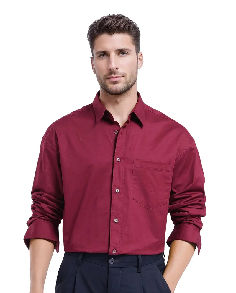 Rare Rabbit Rare Rabbit Men Lewi Maroon Full Sleeve Collared Neck Boxy Fit Plain Shirt