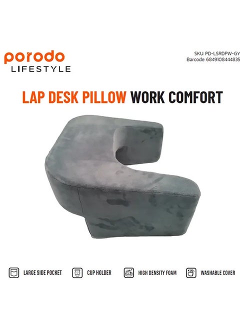 Lap Desk Pillow with Large Side Pocket and Cup Holder / All-In-One Cozy Station / Washable Cover - Gray