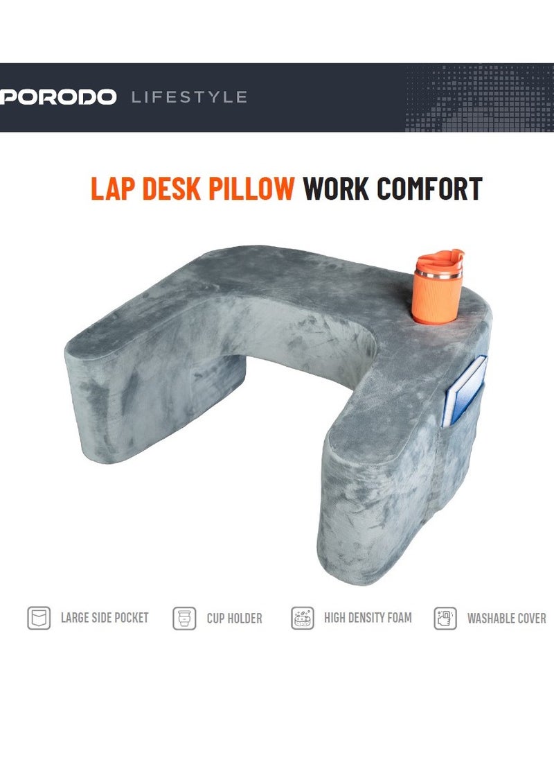 Lap Desk Pillow with Large Side Pocket and Cup Holder / All-In-One Cozy Station / Washable Cover - Gray