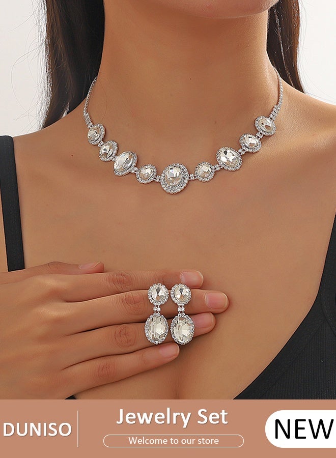DUNISO 2Piece Necklace and Earrings Set Full Diamond Necklace Crystal Earrings Wedding Bridal Bridesmaid Costume Jewelry Set for Women and Girls Dress Accessories - Image 1