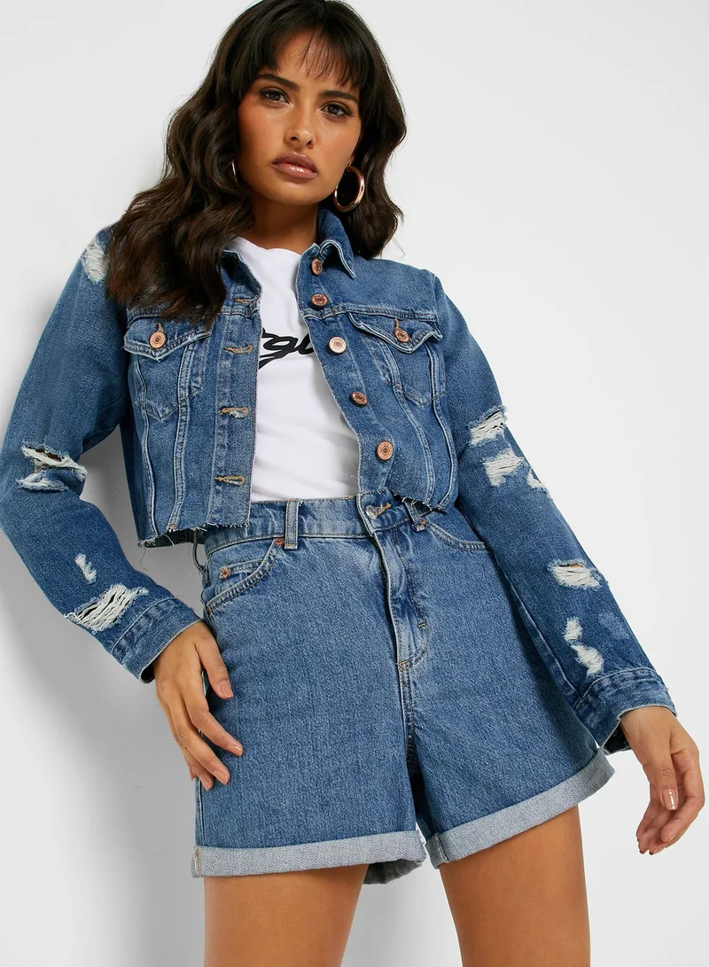 FOREVER 21 Distressed Cropped Denim Jacket