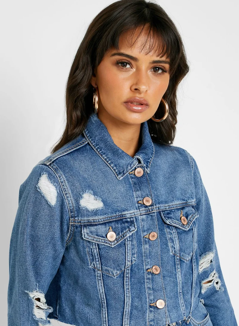 FOREVER 21 Distressed Cropped Denim Jacket