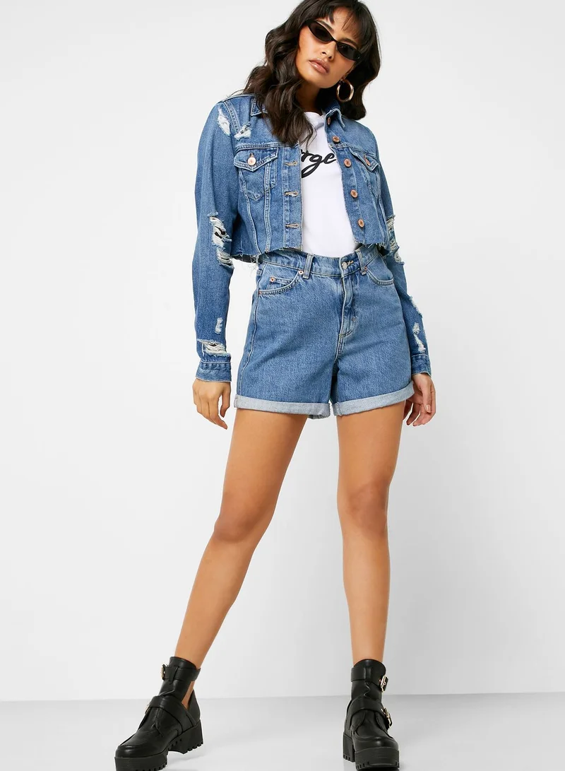 FOREVER 21 Distressed Cropped Denim Jacket
