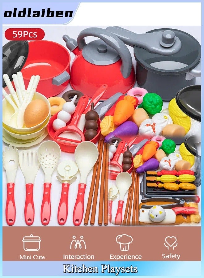 الدليبن مجموعة ألعاب مطبخ الأطفال الكبيرة، أدوات مطبخ بيت اللعب، متعة الطبخ والتقطيع، هدية تعليمية لتنمية المهارات الأساسية في سن مبكرة للأطفال الصغار （59 قطعة） - Image 1