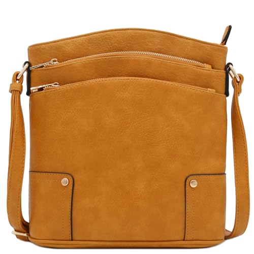 ALYSSA Triple Zip Pocket Large Crossbody Bag (Mustard) - Image 1