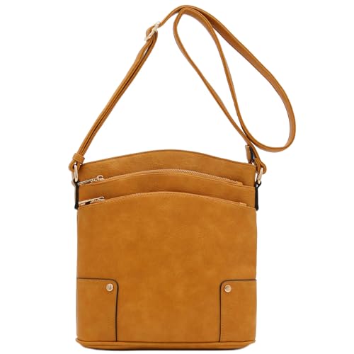 ALYSSA Triple Zip Pocket Large Crossbody Bag (Mustard) - Image 2
