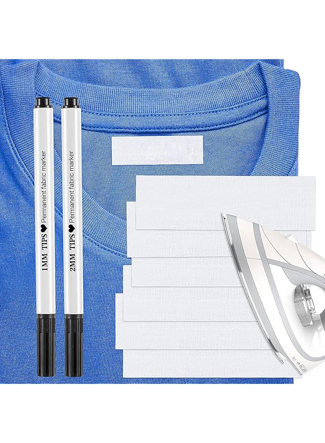 إيروريكس 100 قطعة من ملصقات الملابس مسبقة القطع والكي وقطعتين من علامات القماش الدائمة وملصقات الأسماء ذاتية اللصق مع علامة قماش دائمة لدار رعاية المسنين والغسالة والمجفف - Image 1