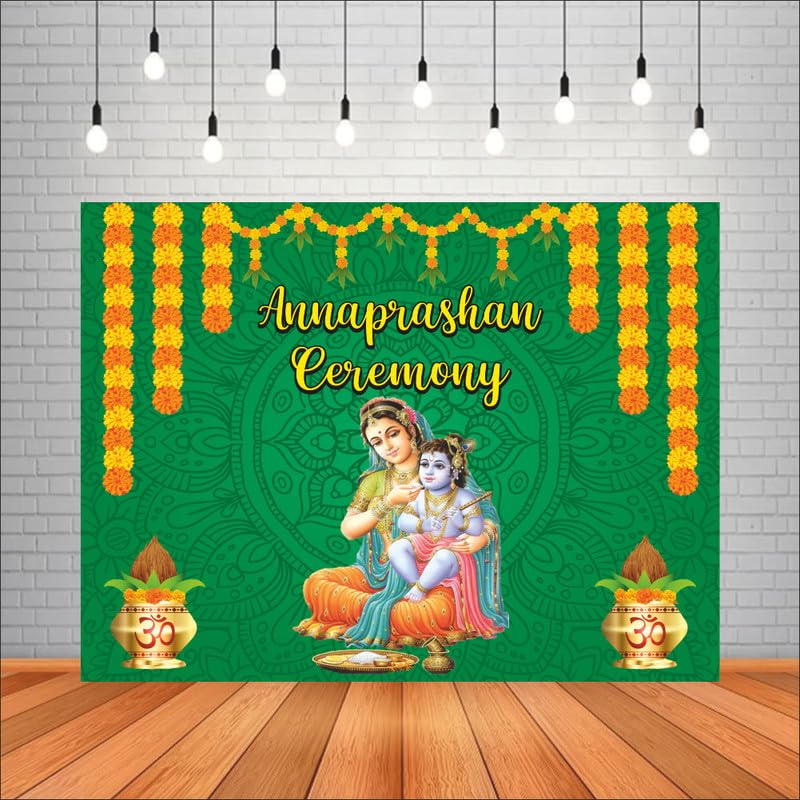 Party Baazaar Annaprashan Ceremony Backdrop for First Rice Ceremony | Cloth Banner (Pack of 1, Multicolor, Size: 4X3 Feet, Green) - Image 1