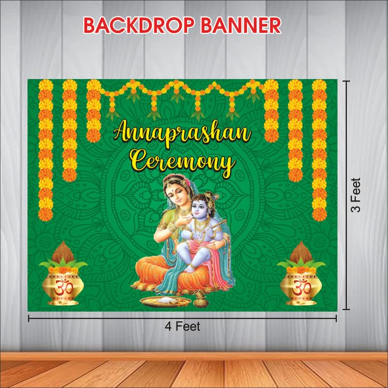 Party Baazaar Annaprashan Ceremony Backdrop for First Rice Ceremony | Cloth Banner (Pack of 1, Multicolor, Size: 4X3 Feet, Green) - Image 4