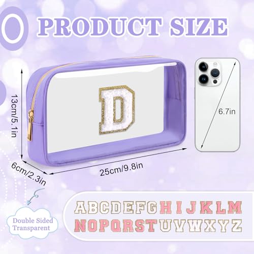 Iqimott Small Clear Personalized Initial Makeup BagNylon Preppy AZ Chenille Letter Patch Cosmetic Pouch Beach Toiletry BagWaterproof Zip Travel Purse Storage Bag Organizer for Women GirlsPurpleWhite D - Image 3