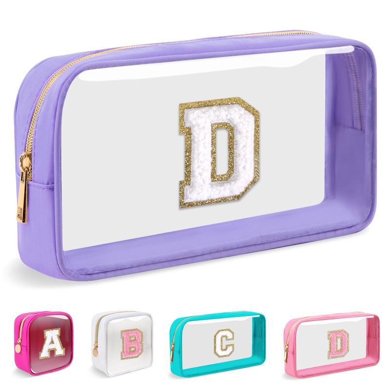 Iqimott Small Clear Personalized Initial Makeup BagNylon Preppy AZ Chenille Letter Patch Cosmetic Pouch Beach Toiletry BagWaterproof Zip Travel Purse Storage Bag Organizer for Women GirlsPurpleWhite D - Image 2