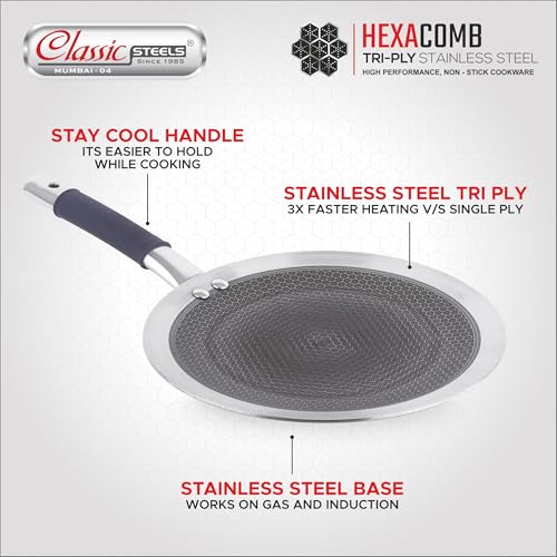 Classic Steels Hexa Comb Roti Tawa 26cm - 2.5mm Thick | Non-Stick Triply Stainless Steel Roti Tawa for Roti, Chapati, Paratha | Induction & Gas Compatible| Durable Stay Cool Silicon Handle - Image 4