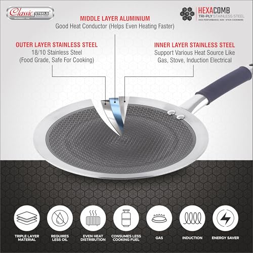 Classic Steels Hexa Comb Roti Tawa 26cm - 2.5mm Thick | Non-Stick Triply Stainless Steel Roti Tawa for Roti, Chapati, Paratha | Induction & Gas Compatible| Durable Stay Cool Silicon Handle - Image 5
