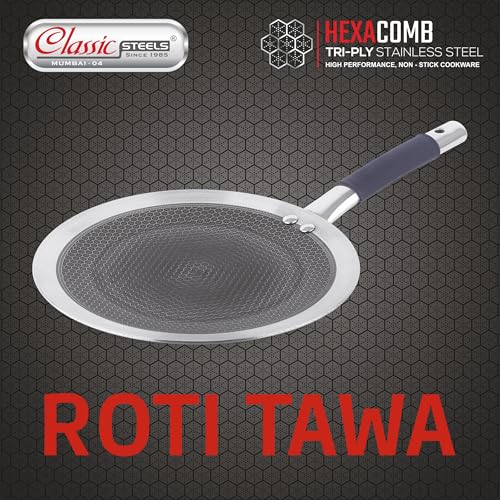 Classic Steels Hexa Comb Roti Tawa 26cm - 2.5mm Thick | Non-Stick Triply Stainless Steel Roti Tawa for Roti, Chapati, Paratha | Induction & Gas Compatible| Durable Stay Cool Silicon Handle - Image 2