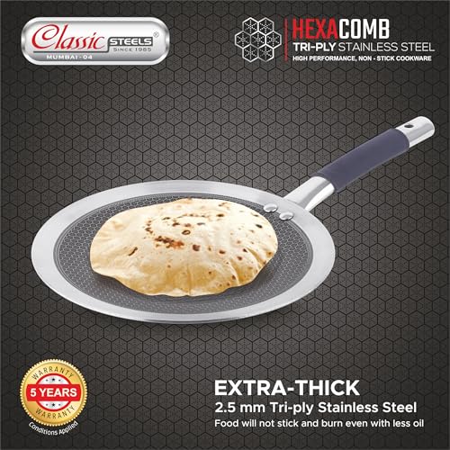 Classic Steels Hexa Comb Roti Tawa 26cm - 2.5mm Thick | Non-Stick Triply Stainless Steel Roti Tawa for Roti, Chapati, Paratha | Induction & Gas Compatible| Durable Stay Cool Silicon Handle - Image 3