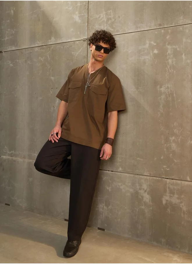 ساسافراس Sassafras Solid V Neck Zip Front Poplin Relaxed Fit Shirt