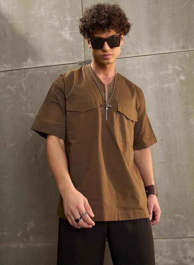 ساسافراس قميص ساسافراس بياقة على شكل حرف  وسحاب أمامي من البوبلين بقصة مريحة - Image 1