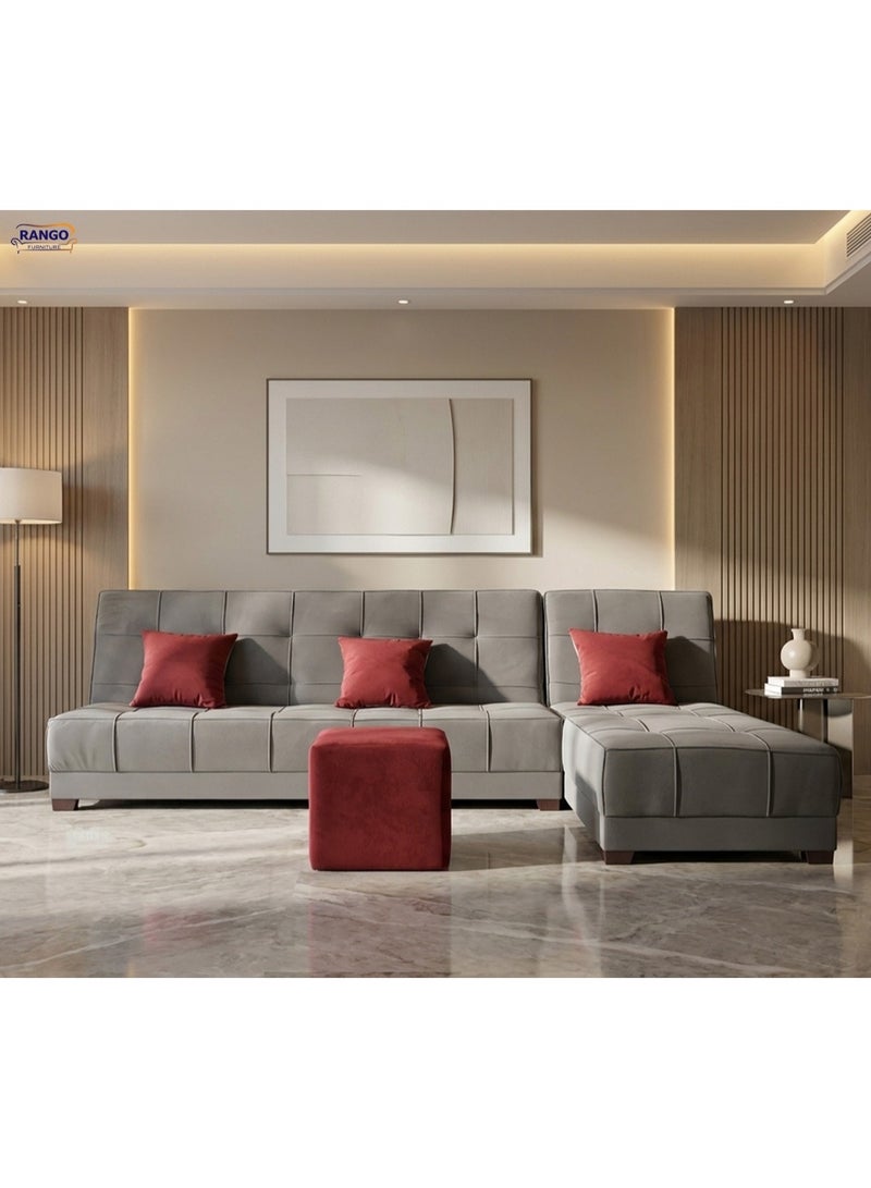 Rango Furniture corner bed, measuring 2.60m x 1.65m, is ideal for living rooms, guest rooms, and small spaces. It converts into a large bed. Color: Gray - Image 2