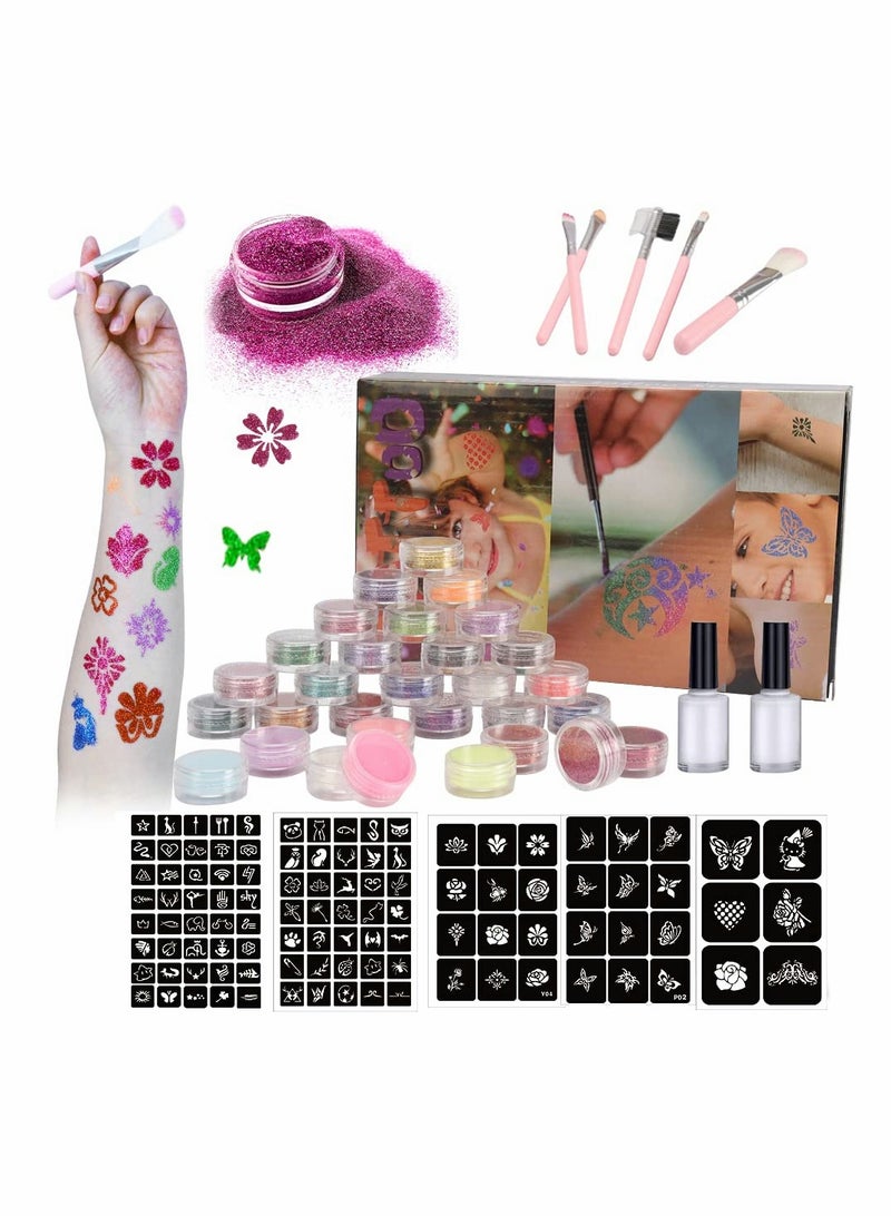 30 Colors Temporary Glitter Tattoo Kit Waterproof Body Glitter Tattoos Perfect Gifts for Kids Boys Girls Festival Party - 24 Glitter Powder 6 Glow Powder 105 Unique Stencils 5 Brushes 2 Glue - Image 1