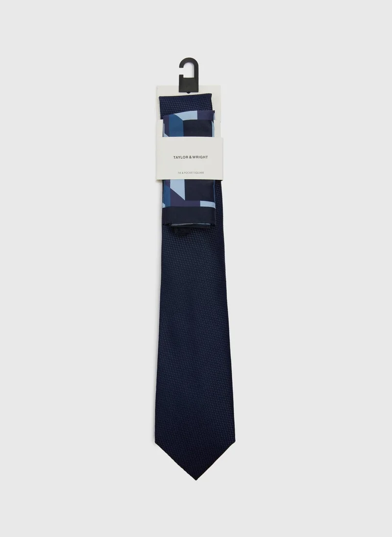 Matalan Taylor & Wright Navy Geometrical Tie & Pocket Square