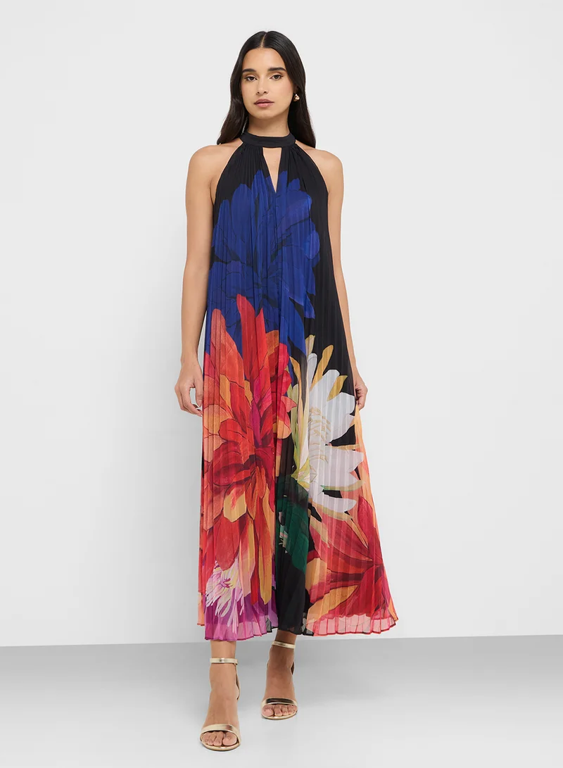تيد بيكر Scotlia Printed Halter Neck Pleated Maxi Dress