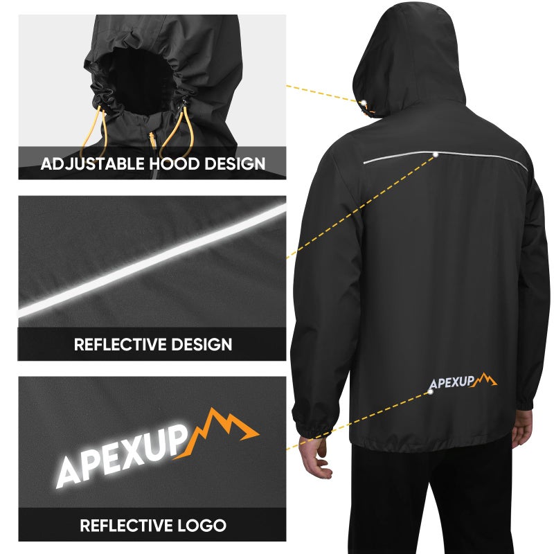 APEXUP Packable Rain Jacket Men with Reflective Zipper, Lightweight Waterproof Jacket Windbreaker Hooded Raincoat, Mens Rain Jackets for Outdoor, Running, Hiking, Travel, Cycling (Black, M) - Image 2