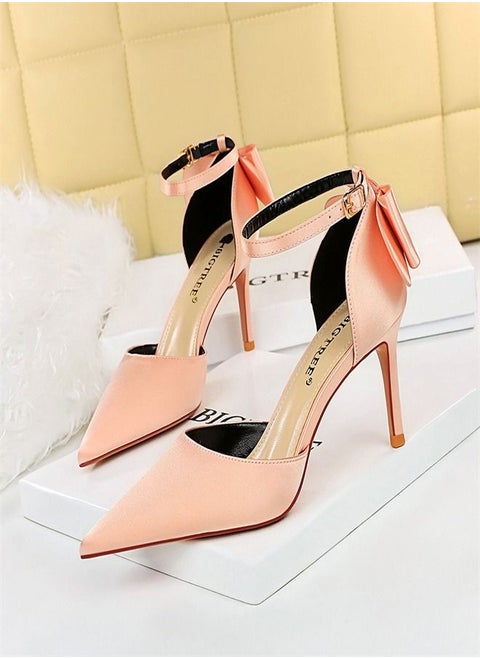 Sweet Shallow Mouth Pointed Bow Thin High Heels 8CM Pink