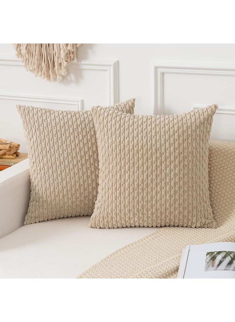 K KEVIN TEXTILE Kevin Textile Throw Pillow Covers Soft Corduroy Decorative Set of 2 Boho Striped Pillow Covers Pillowcases Farmhouse Home Decor for Couch Bed Sofa Living Room 26x26 Inch Beige  - Image 1