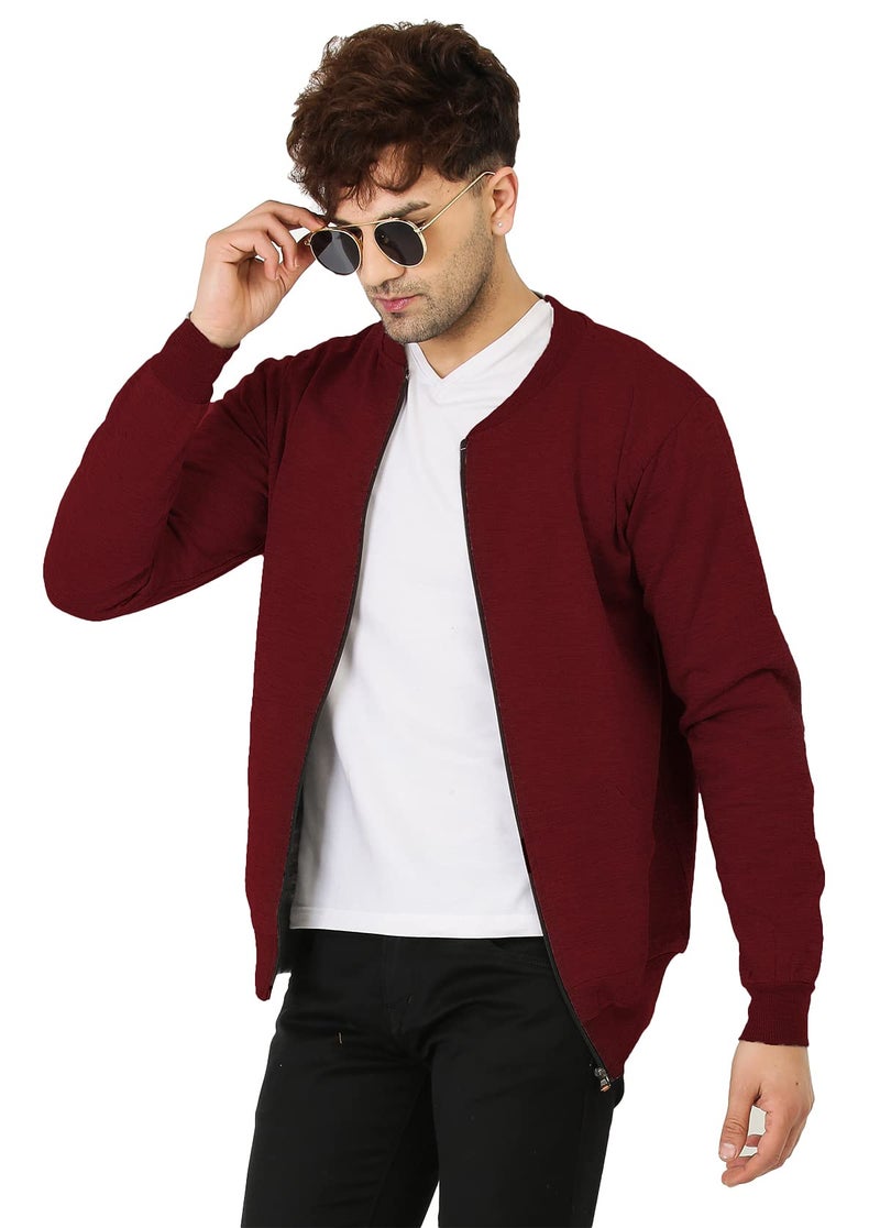 LEOTUDE Men's Loopknit Regular Fit Full Sleeve Solid Bomber Jacket (JKT02_GRY02BL_P_Maroon_XL) - Image 5