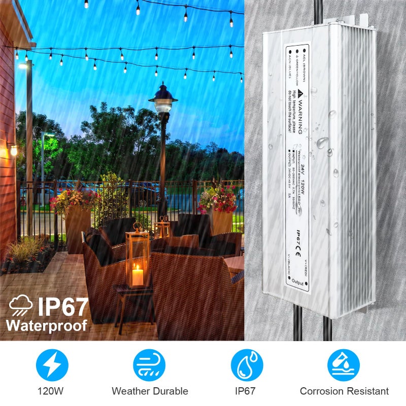 LightingWill LED Driver 120 Watts Waterproof IP67 Power Supply Transformer, 90-265V AC to 24V DC Low Voltage Output, Adapter with 3-Prong Plug 3.3 Feet Cable for Outdoor Use, Computer Project - Image 4