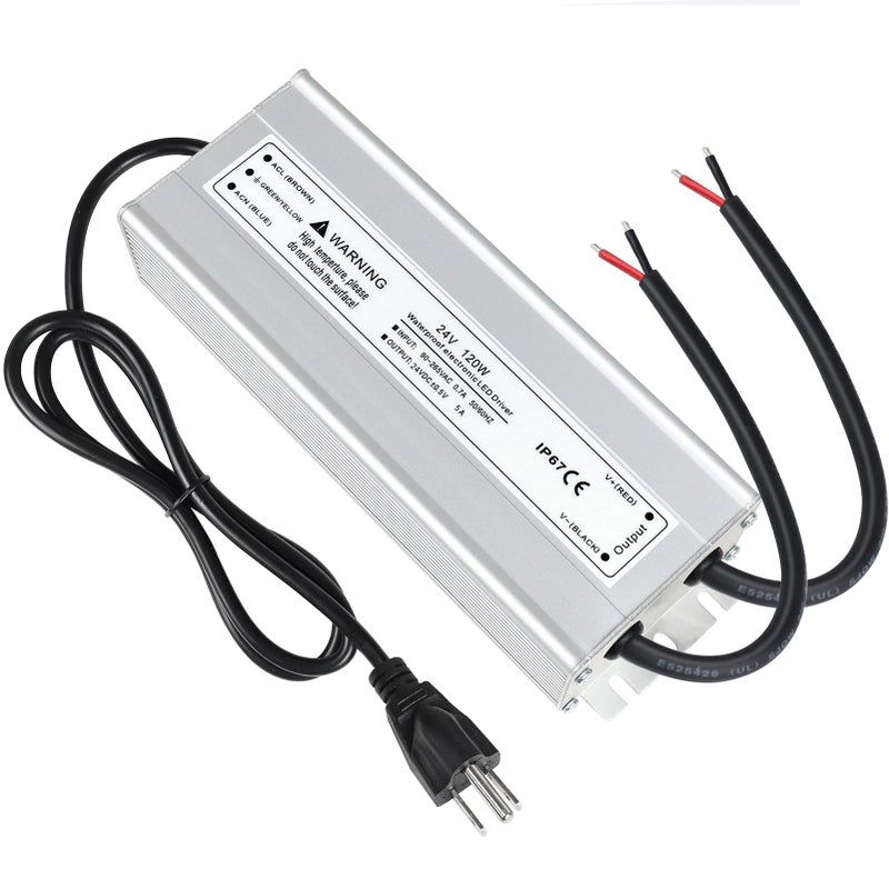 LightingWill LED Driver 120 Watts Waterproof IP67 Power Supply Transformer, 90-265V AC to 24V DC Low Voltage Output, Adapter with 3-Prong Plug 3.3 Feet Cable for Outdoor Use, Computer Project - Image 1