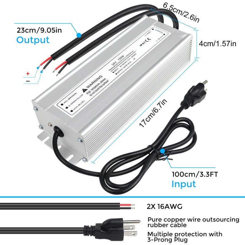 LightingWill LED Driver 120 Watts Waterproof IP67 Power Supply Transformer, 90-265V AC to 24V DC Low Voltage Output, Adapter with 3-Prong Plug 3.3 Feet Cable for Outdoor Use, Computer Project - Image 3