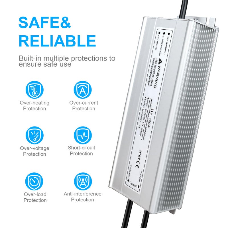 LightingWill LED Driver 120 Watts Waterproof IP67 Power Supply Transformer, 90-265V AC to 24V DC Low Voltage Output, Adapter with 3-Prong Plug 3.3 Feet Cable for Outdoor Use, Computer Project - Image 2