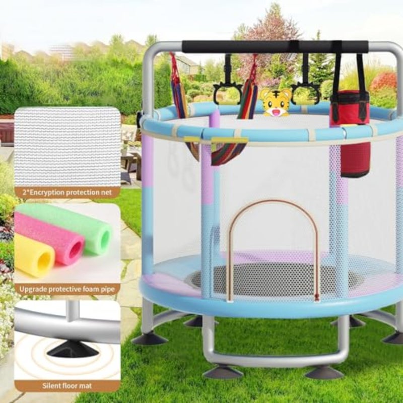 Indoor Outdoor Trampoline for,Toddler Trampoline with Safety Enclosure Net, Mini Baby Trampoline with Basketball Hoop/Swing/Sandbag, 's Bungee Jumping Trampolines - Image 5