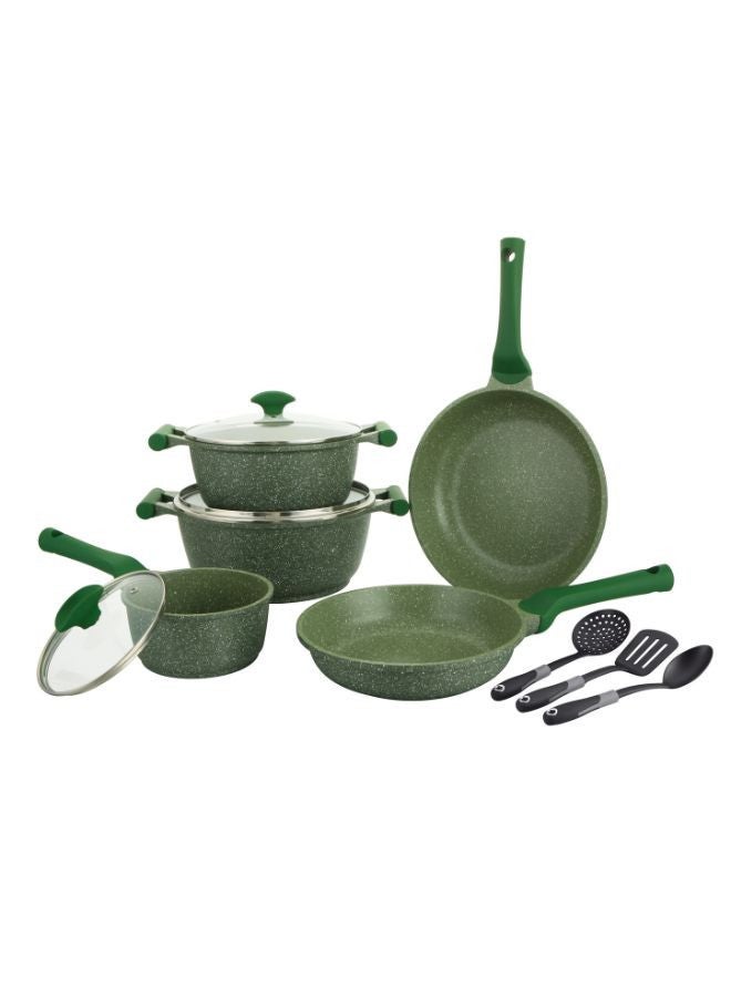 Prestige Essentials Nonstick Pots and Pans Set | Induction Cookware Set 11 Pieces | Non Stick Set Combo | Granite Cooking Set | Fry Pan Non Stick Combo Set - Green - Image 1