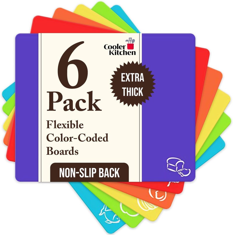 Cooler Kitchen Extra Thick Flexible Plastic Cutting Board Mats with Food Icons & EZ-Grip Waffle Back, (Set of 6) Dishwasher Safe Vibrant - Image 1