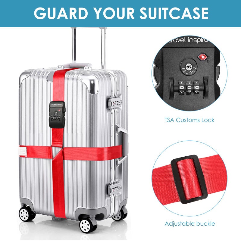travel inspira Travel Inspira Luggage Straps TSA Approved Suitcase Belt Adjustable Length 3-Dial Combination Lock and Cross Luggage Suitcase Security - Red  - Image 3