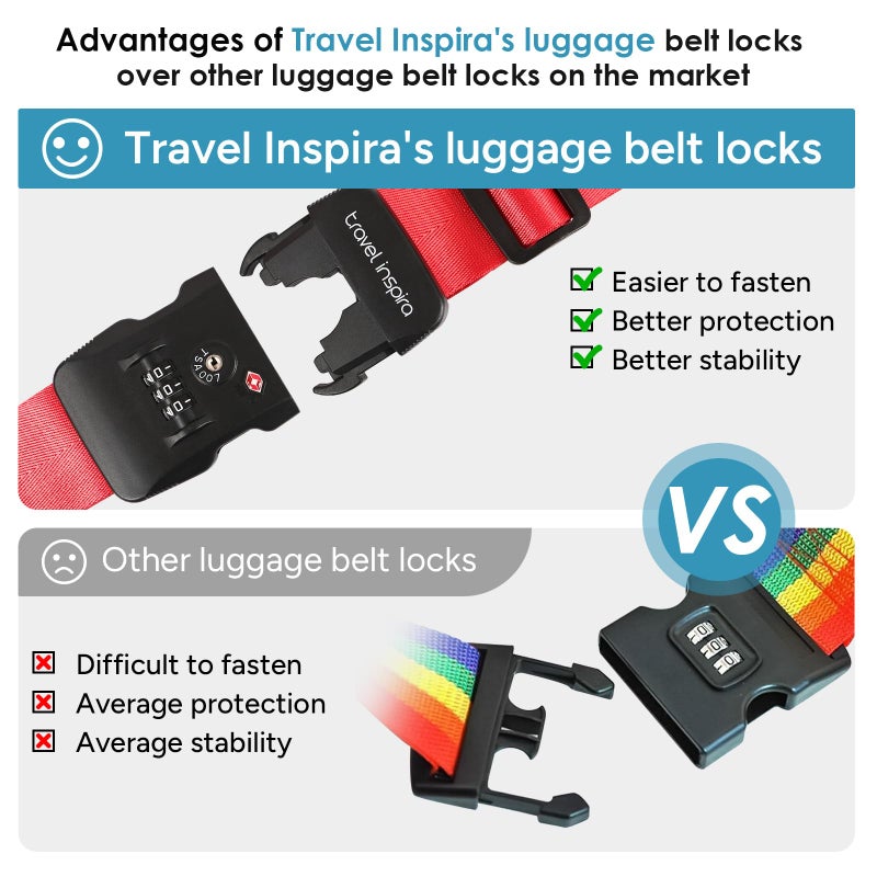 travel inspira Travel Inspira Luggage Straps TSA Approved Suitcase Belt Adjustable Length 3-Dial Combination Lock and Cross Luggage Suitcase Security - Red  - Image 2